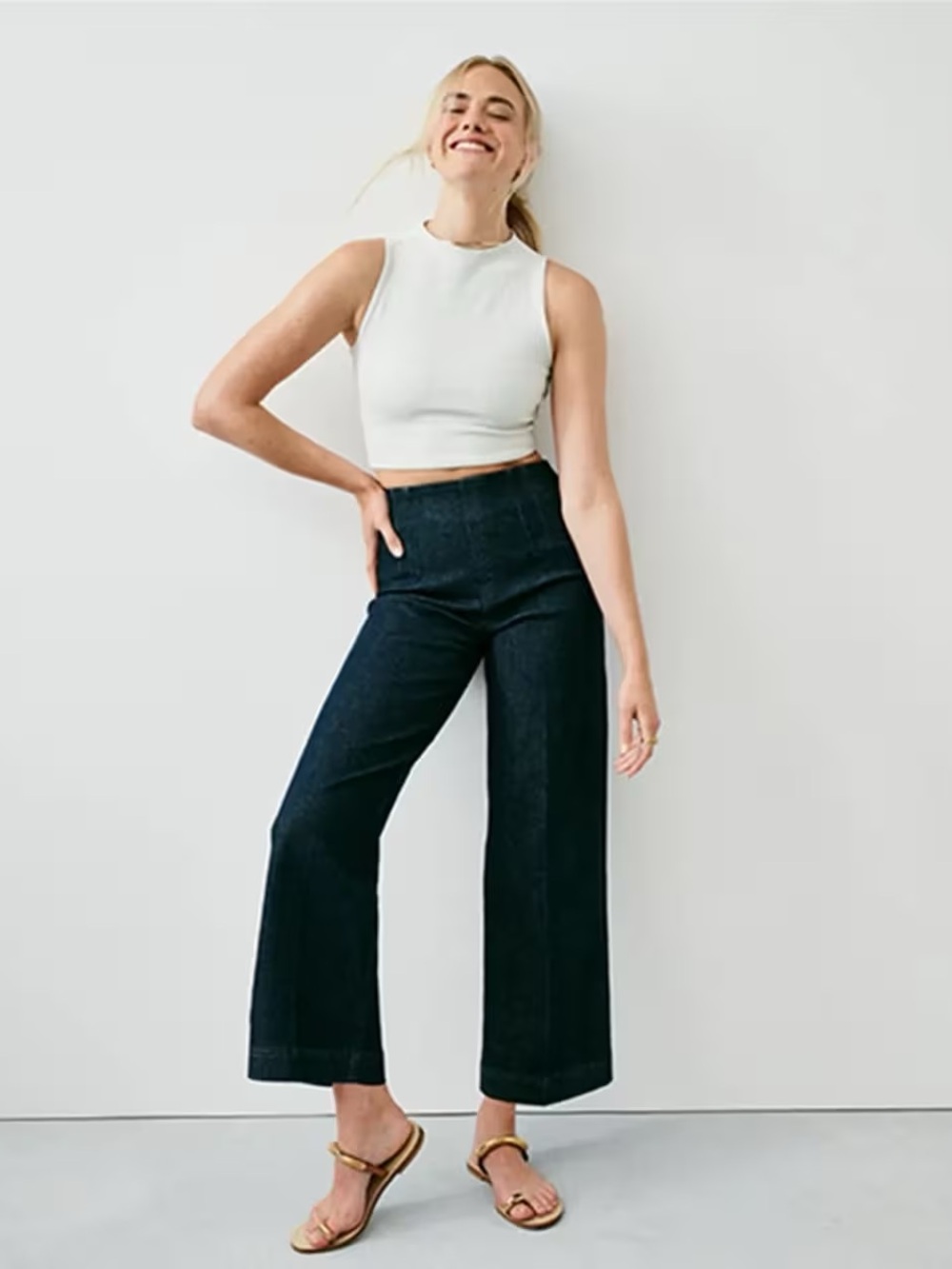 Spanx Zero Waistband Cropped Dark Wash Wide Leg Jeans — Size M